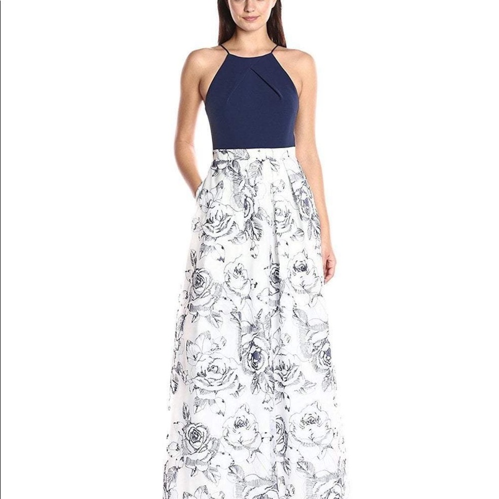 Aidan Mattox Navy/Ivory floral gown with pockets